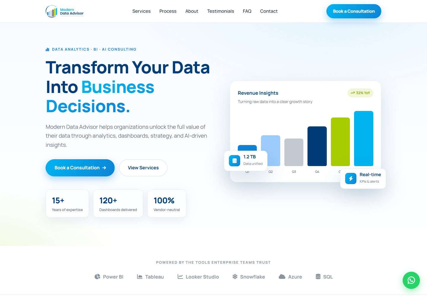 Modern Data Advisor website homepage